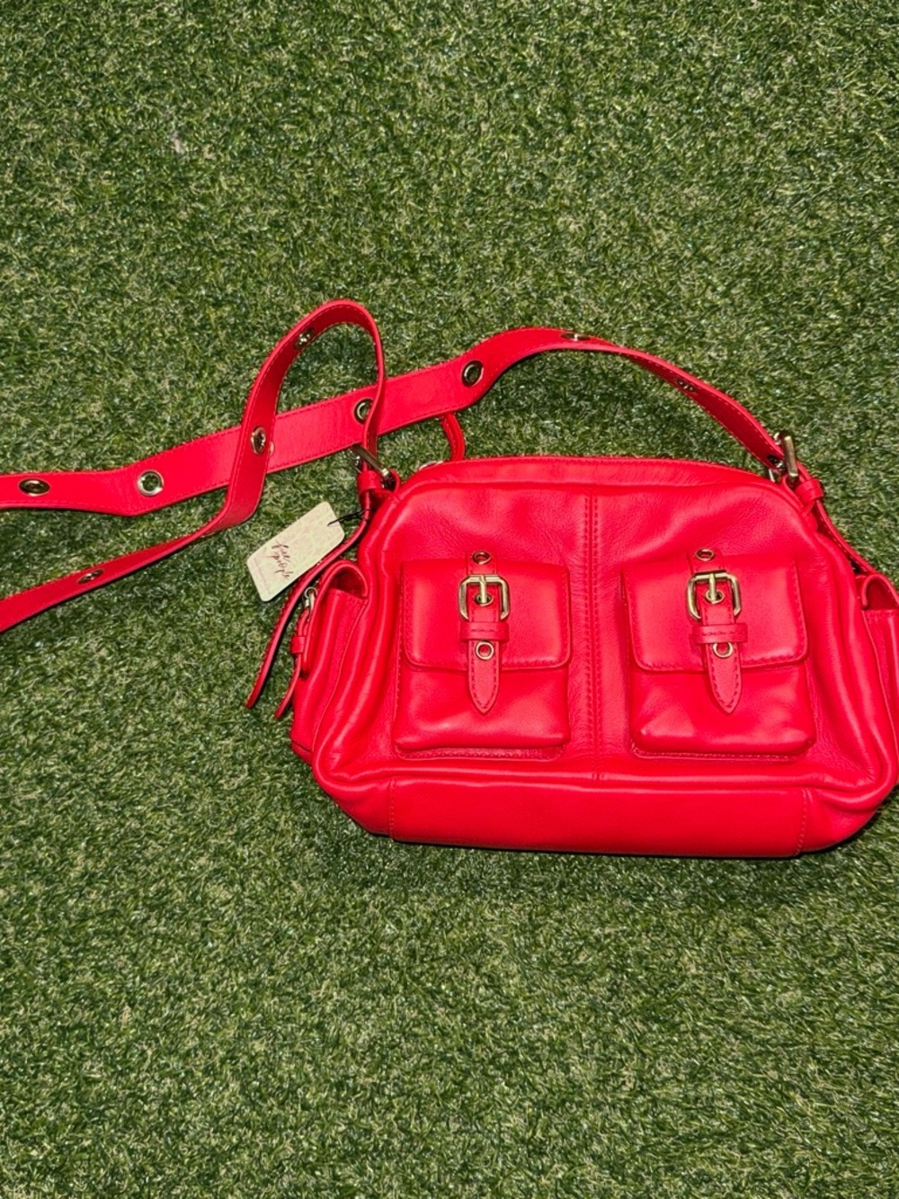 Free People Red Leather Shoulder Bag with Front Buckle Pockets